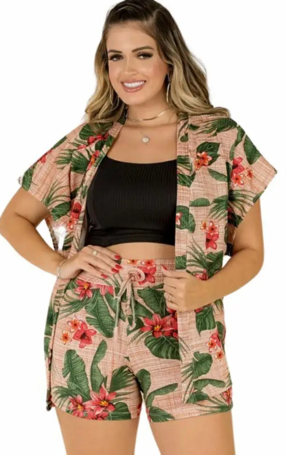 Women's Printed Set 3 Pç Short Cropped and Kimono